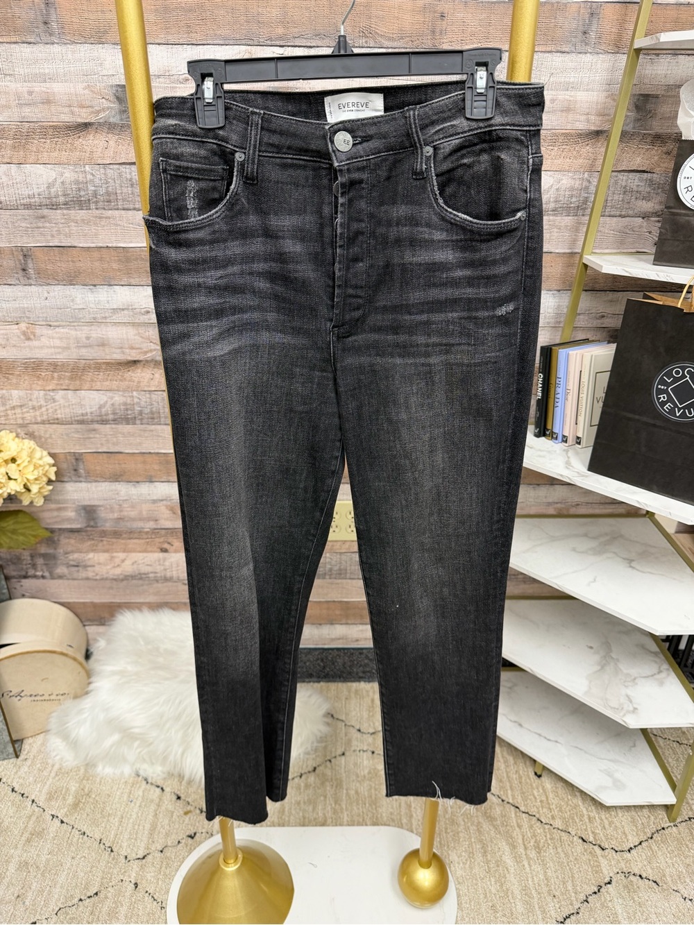 Evereve Black Distressed Raw Hem Button Fly Denim 30